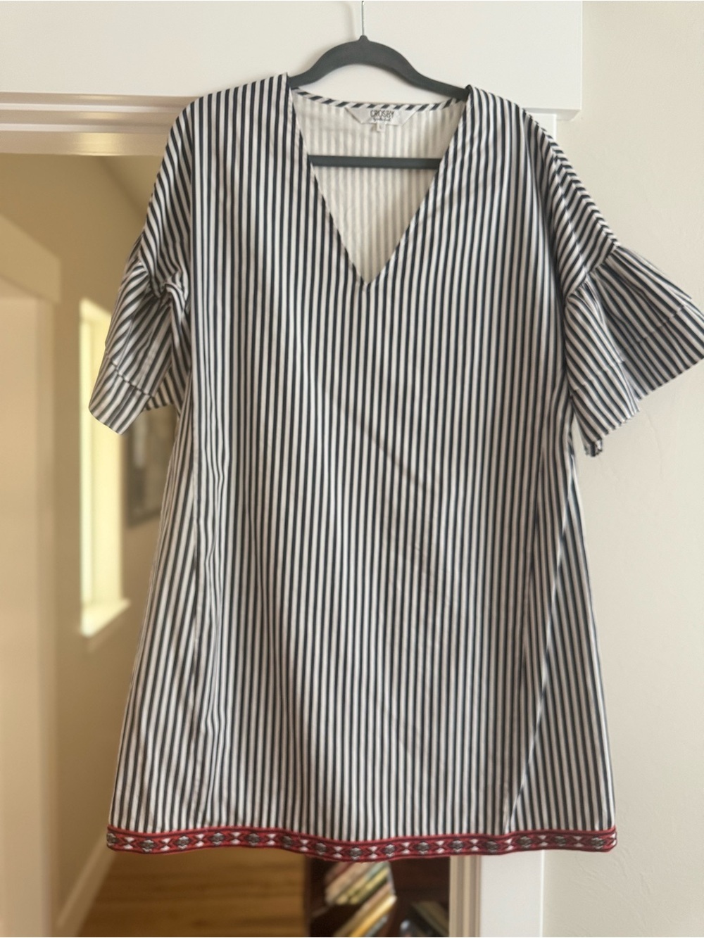 crosby. Black & White Striped V-Neck Mini Dress with Red Embroidered Hem